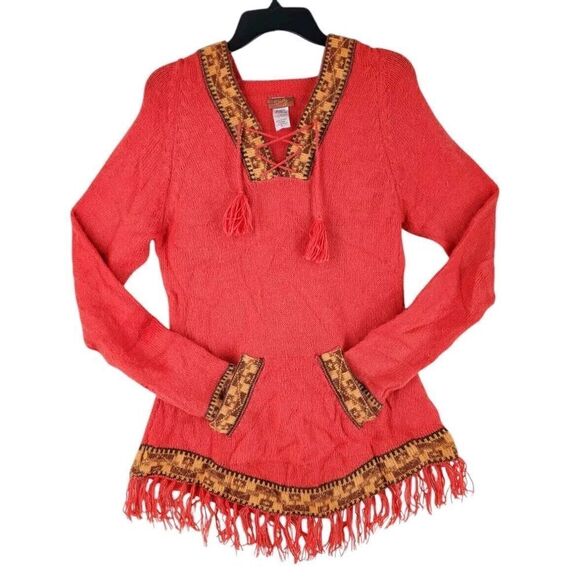 Scully Alpaca Blend Knit Sweater Womens M Orange Brown Hooded Aztec Fringe - Picture 6 of 12